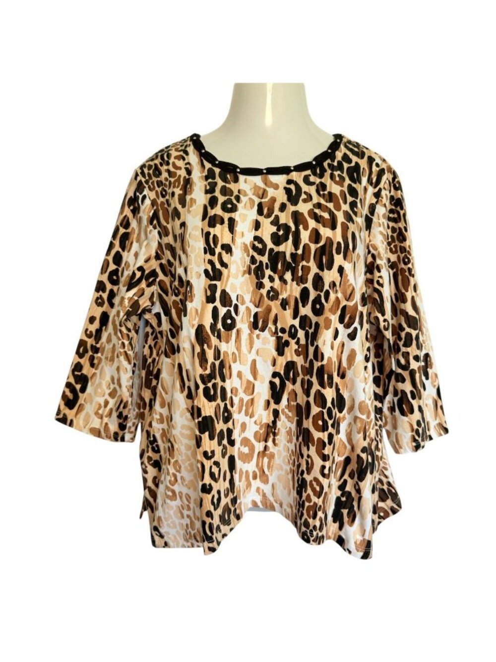 Alfred Dunner Womens 1X Top Animal Print 3/4 Sleeve Cotton Spandex Browns Scoop